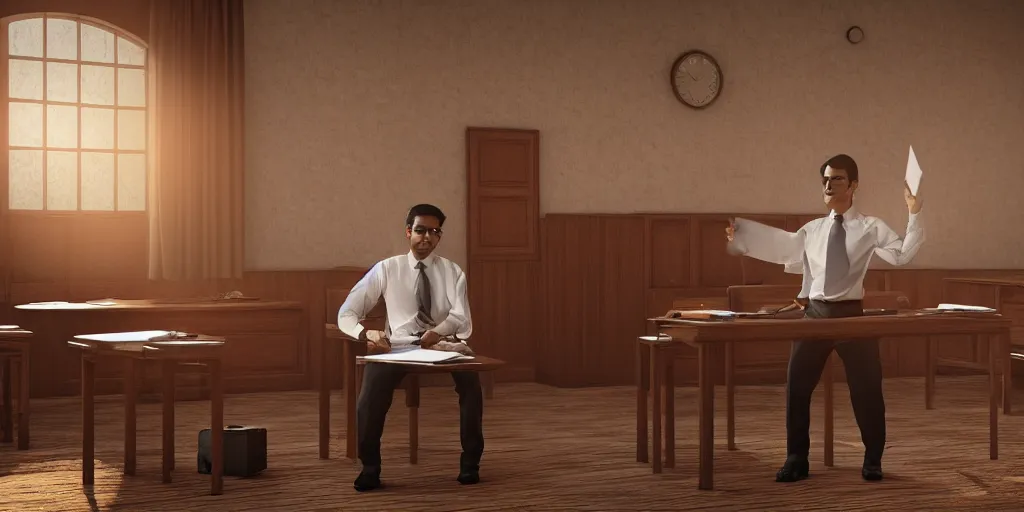 Prompt: young indian struggling lawyer performing for his clients in indian trial court, unreal 5, hyperrealistic, realistic, photorealistic, dynamic lighting, highly detailed, cinematic landscape, studio landscape, studio lighting