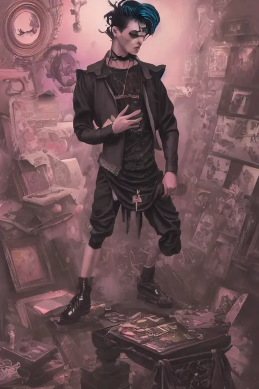 Image similar to goth guy, cluttered 9 0 s bedroom, by artgerm, james jean, tom bagshaw, gerald brom, vaporwave colors, lofi colors, vaporwave, lofi, goth vibe, 4 k, smooth, hd, substance designer render, full body character concept art, symmetrical,