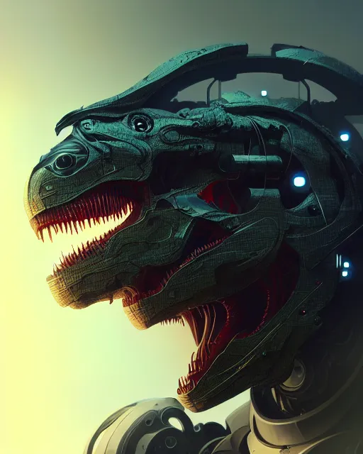 Prompt: mecha male t rex portrait, cyborg, intricate mechanical body, robot eyes, hyper realistic 3 d render by jonas roscinas, peter mohrbacher, greg rutkowski, ryohei hase, dramatic lighting, intricate, highly detailed, sharp focus, luminous, unreal engine, blender, artstation, masterpiece, ray tracing