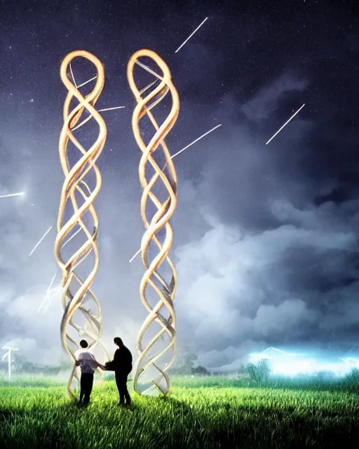 Image similar to in a field, two scientists in lab coats encounter a monster shaped like the DNA double helix, stormy weather, night scene, volumetric light, fireflies