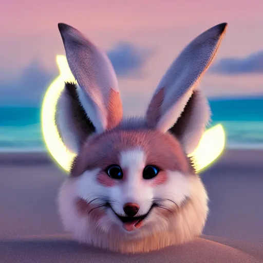 Prompt: a photorealistic adorable zany girly alluring chubby charming but slightly terrifying fennic fox wolf rabbit hybrid, with long floppy rabbit ears, wearing a bow on the top of its head, grinning at the camera with a mischievous look, sharp teeth, happy lighting, at a tropical beach