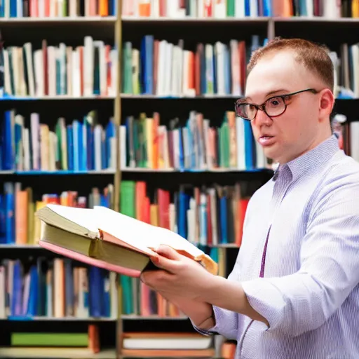 Prompt: professor throwing books at the camera