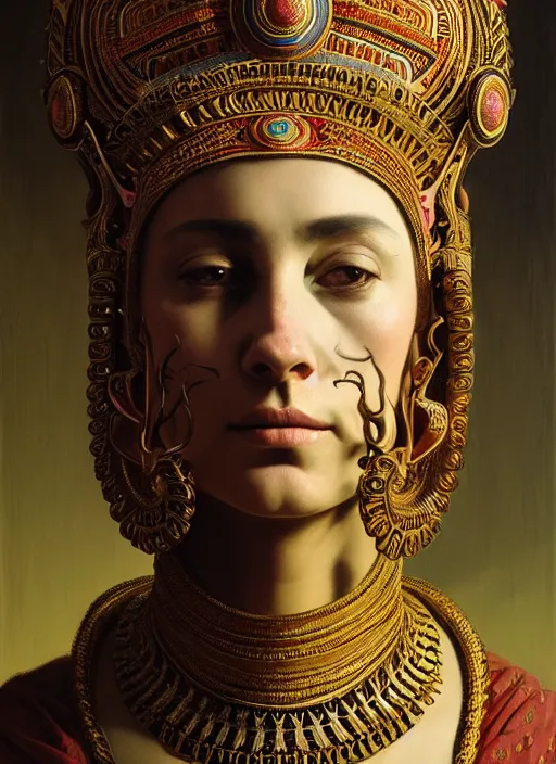 Prompt: portrait of a woman wearing an ornate tribal mask, by jacques - louis david, by greg rutkowski, by zdzisław beksinski, by josep tapiro baro, trending on artstation, featured on pixiv, masterpiece, oil on canvas, cinematic composition, dynamic beautiful lighting,