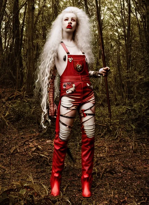 Prompt: warrior woman, goddess of flora and fauna, hunting, personification of the moon, red lips, with curls of long white hair, standing in the middle of the forest and birds, in leather overalls from lee alexander mcqueen, iron armor, red boots, very beautiful style, edgard maxence raffaello santi 8 k