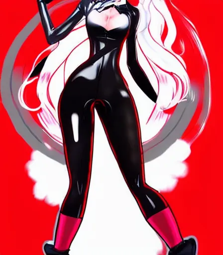 Image similar to beautiful wide angle full body illustration of Ann Takamaki from Persona 5 in red latex outfit in the style of stanley artgerm