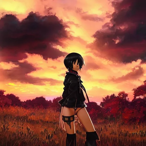 Image similar to black - haired anime girl, 1 7 - year - old anime girl with long bob cut, gothic jacket, golden hour, partly cloudy sky, red clouds, orange sky, strong lighting, strong shadows, vivid hues, ultra - realistic, sharp details, subsurface scattering, intricate details, art by artgerm, greg rutkowski, 2 0 1 9 anime screenshot