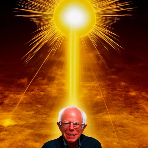 Image similar to aerial photo of Super Saiyan 3 Bernie Sanders with glowing golden aura flying over a desert field, yellow spiky hair, digital art