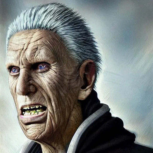 Image similar to hyperrealistic mixed media high resolution painting of Gary Busey Emperor Palpatine, stunning 3d render inspired art by Jamie Salmon and WForrest and Greg Rutkowski, perfect facial symmetry, dim volumetric lighting, 8k octane beautifully detailed render, full body shot, post-processing, extremely hyper-detailed, intricate, epic composition, highly detailed attributes, highly detailed atmosphere, cinematic lighting, masterpiece, trending on artstation, very very detailed, masterpiece, stunning, flawless completion, lifelike texture, perfection,