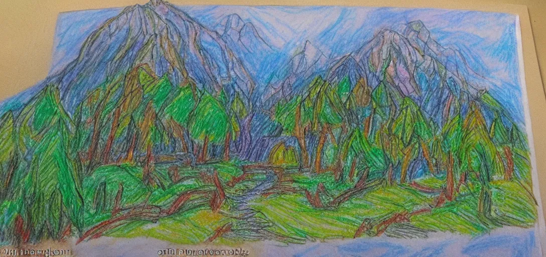 Prompt: Rivendell landscape drawn in crayon by a five-year old