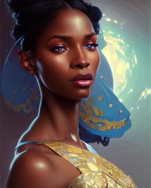 Image similar to Portrait of very very very very very very beautiful nigerian woman, spacesuit, blue eyes, real life skin, intricate, elegant, highly detailed, artstation, concept art, smooth, sharp focus, art by artgerm and greg rutkowski and alphonse mucha