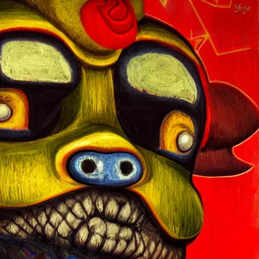 Prompt: intricate five star freddy fazbear nightmare fuel facial portrait by pablo picasso, oil on canvas, hdr, high detail, photo realistic, hyperrealism, matte finish, high contrast, 3 d depth, centered, masterpiece, vivid and vibrant colors, enhanced light effect, enhanced eye detail, artstationhd