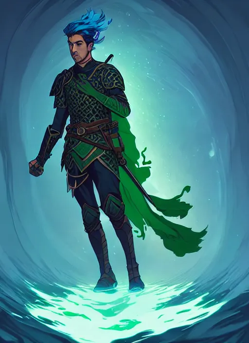 Image similar to style artgerm, joshua middleton, illustration, john krasinski as rune knight wearing green pelt light armor, blue hair, swirling water cosmos, fantasy, dnd, cinematic lighting