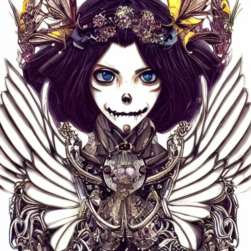 Prompt: anime manga skull portrait young woman clownskeleton, tiara, wings, intricate, elegant, highly detailed, digital art, ffffound, art by JC Leyendecker and sachin teng