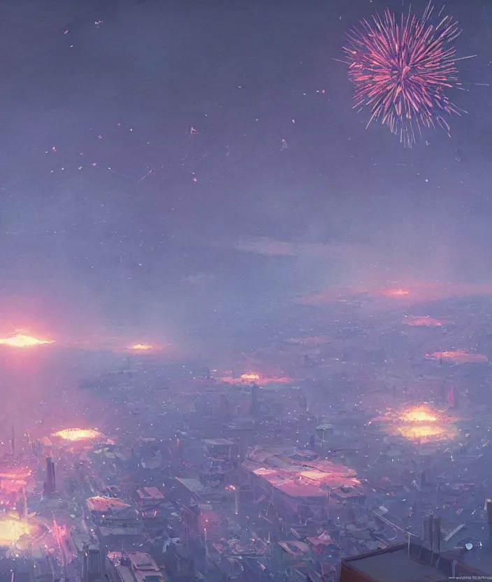 Prompt: sky of fireworks seen from high up in the sky at night by makoto shinkai, simon stalenhag, nier atutomata environment concept art, greg rutkowski and krenzcushart