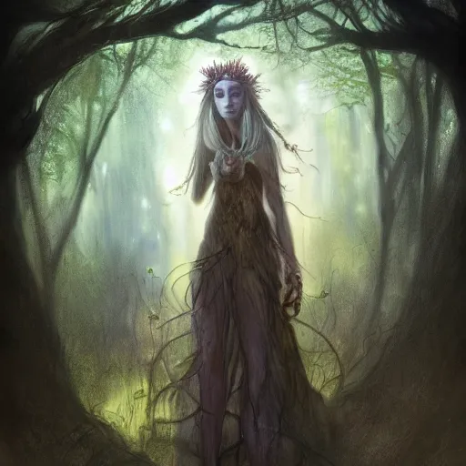 Image similar to cinematic portrait of a dryad priestess, by brian froud, inspired by dungeons and dragons, mysterious, in an evening autumn forest, trending on art station, sunset evening lighting, ominous shadows by jessica rossier
