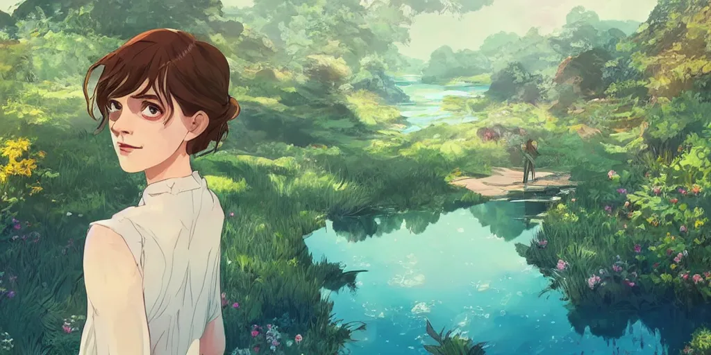 Prompt: emma watson face in front of a lake with gardens and waterfall vibrant highlights sharp contrast trending pixiv fanbox by alex ross by victo ngai james gurney makoto shinkai takashi takeuchi studio ghibli