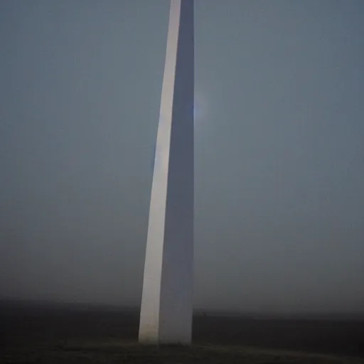 Image similar to magical glowing obelisk standing on a plain in the moonshine at night. foggy. eerie.