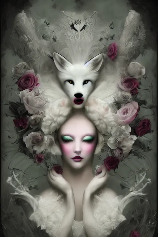 Image similar to vampire white fox, flowerpunk, painterly, by Natalie Shau