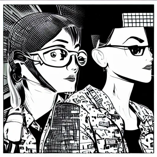 Image similar to twin sister models hacking into the mainframe of the pentagon, in the style of jamie hewlett and riyoko ikeda, black and white, photorealistic, epic, super cool