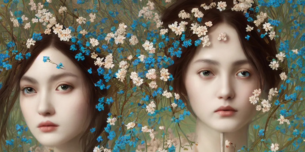 Image similar to breathtaking detailed concept art painting portrait of the goddess of nemophila flowers, orthodox saint, with anxious piercing eyes, ornate background, amalgamation of leaves and flowers, by hsiao - ron cheng, extremely moody lighting, 8 k