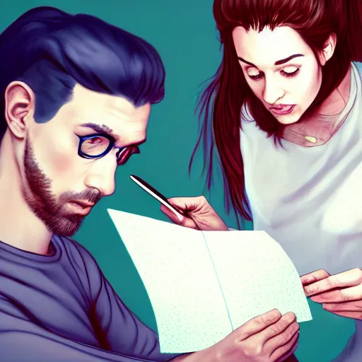 Image similar to realistic portrait of a terrified female author looking at some written notes while three male and one female characters look intensely, aesthetic!, trending on artstation, detailed digital art,