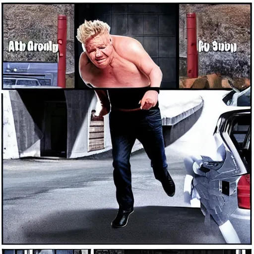 Image similar to fat gordon ramsay escaping from prison, hyper realistic, photo, photo studio, news paper, hyper detailed, smooth