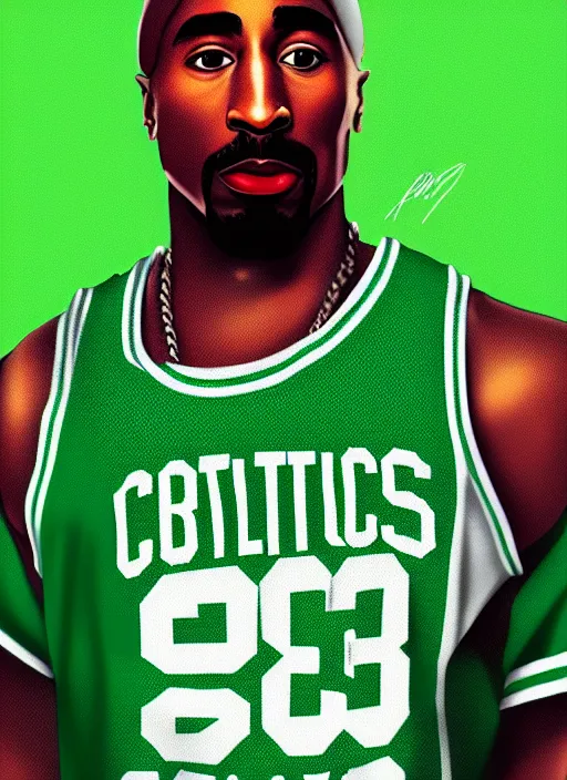 Image similar to portrait of tupac shakur, boston celtics jersey number 3 4, green, white, cartoon digital art, oil on canvas, trending on artstation, octane render