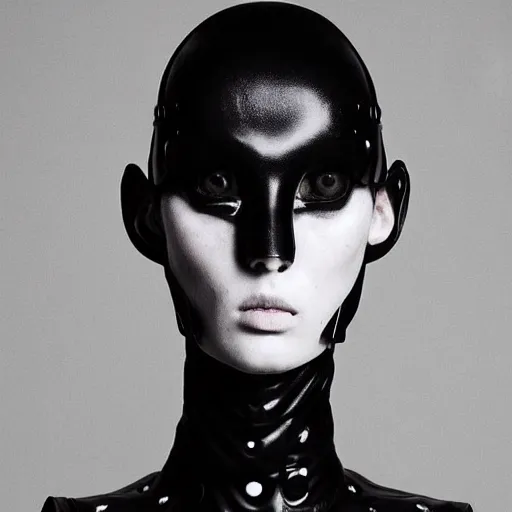 Prompt: fashion photography of an extraterrestrial model with opened mouth, wearing demobaza fashion, inside berghain, berlin fashion, harness, futuristic fashion, dark minimal outfit, photo 3 5 mm leica, hyperdetail, berghain, 8 k, very detailed, photo by nick knight