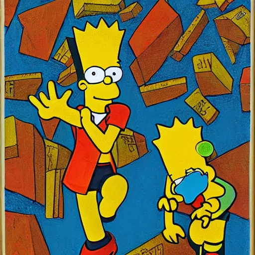 Prompt: Bart Simpson trapped in a Max Ernst painting