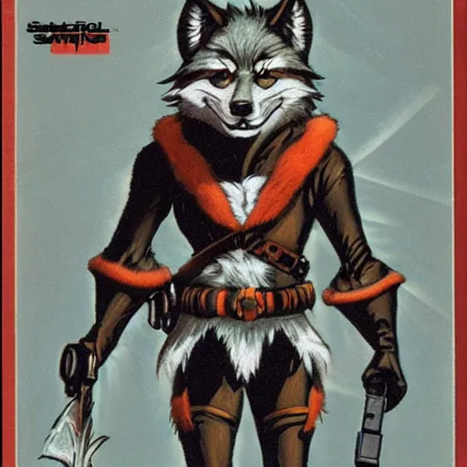 Prompt: 1 9 8 0 s video game art portrait of anthropomorphic wolf o'donnell from starfox fursona furry wolf in a dark space mercenary uniform, looking heroic, magazine scan, 8 0 s game box art, dark grey wolf o'donnell