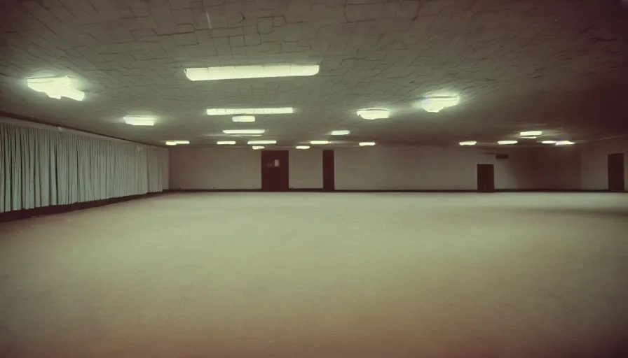 Image similar to 60s movie still of a sovietic stalinist style empty high ballroom, cinestill 800t 50mm eastmancolor, liminal Space style, heavy grain, flash-s 150