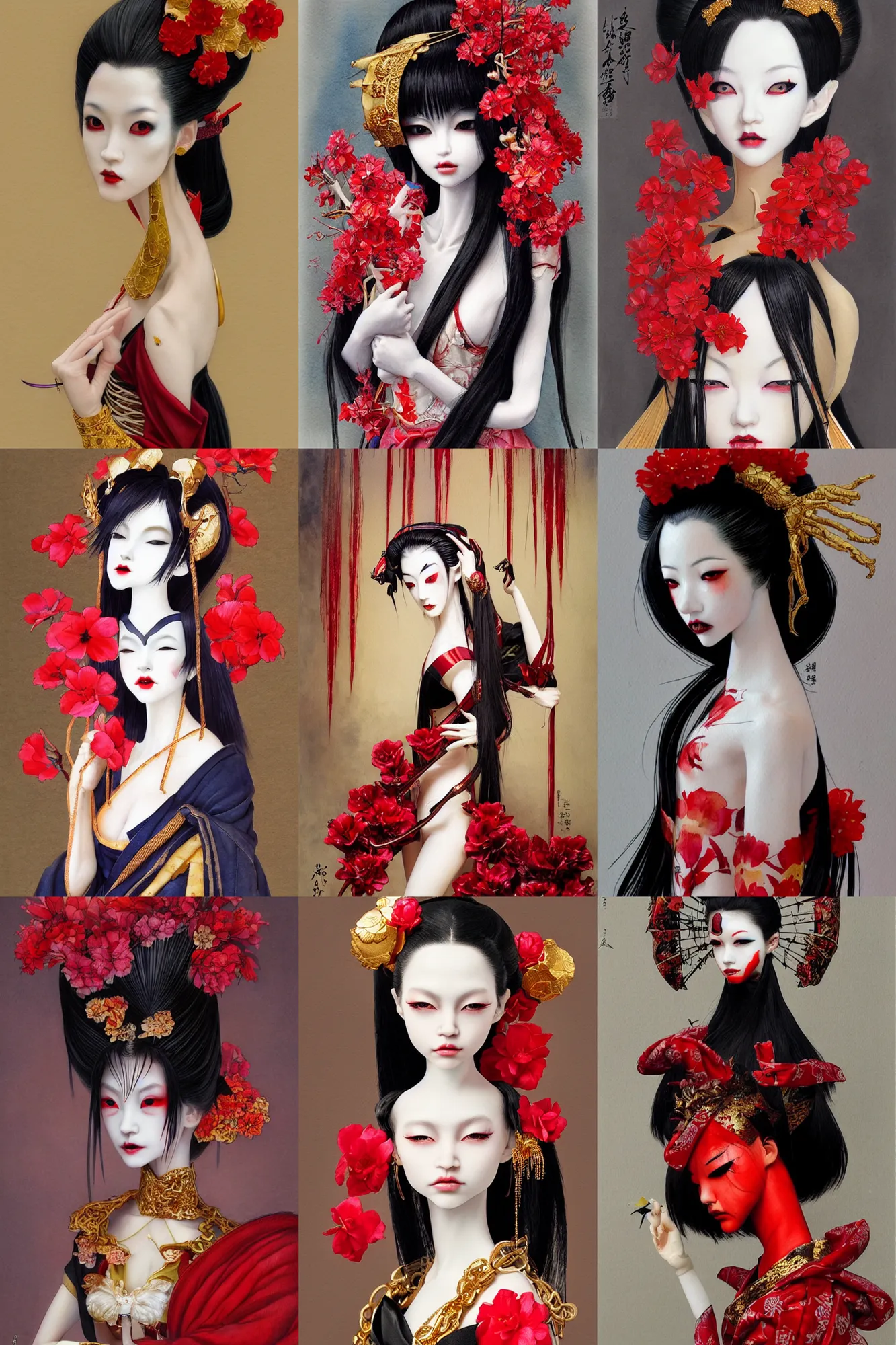 Image similar to watercolor painting of a japanese bjd geisha vampire with a long neck by hajime sorayama, irakli nadar, amy sol, epic dark - fantasy, red, gold flowers, black, surrealism, artgerm