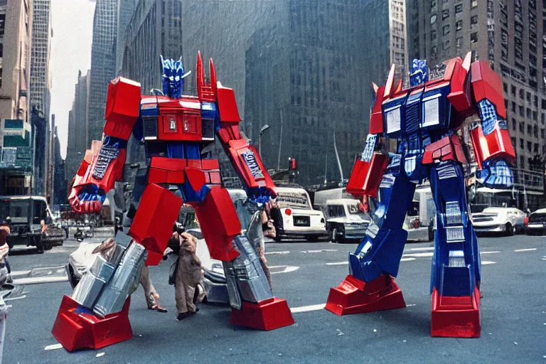 Image similar to optimus prime fighting godzilla in new york city, cinestill,