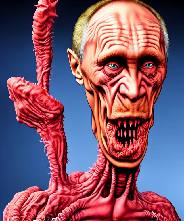 Image similar to hyperrealistic rendering, cronenberg flesh monster vladimir putin by art of skinner and richard corben and jeff easley, product photography, action figure, sofubi, studio lighting, colored gels