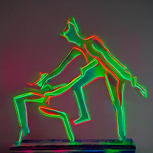 Prompt: a sculpture of [ something abstract ] [ two civilizations battling lit by neon ]