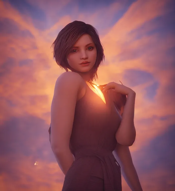 Image similar to centered waist up portrait of an angel + glowing outlines, bokeh + DOF + 8k, photorealistic + rendered in unreal engine + ultra realistic + backlit + strong rimlight, sunset + HDRI, HD, Photoreal