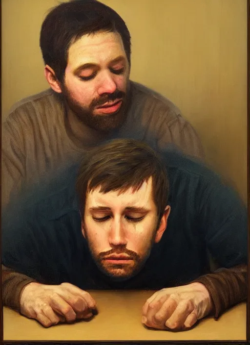Image similar to portrait of a sleepy - looking programmer guy begging for forgiveness in front of his monitor, oil on canvas, masterwork, fine detail, trending on artstation, emotive, insanely compelling, ryden, koons