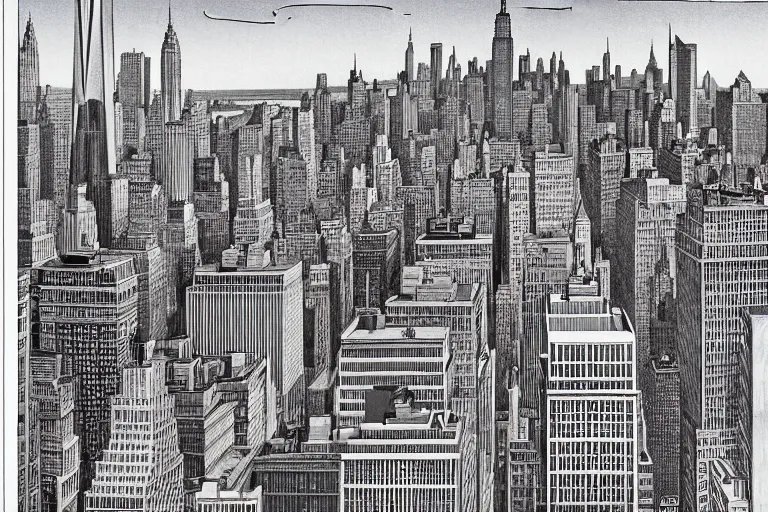 Image similar to a realistic Manhattan cityscape, from the roof, tall terrace, Empire state building, houses, parks, by Louis Wain (1920), golden ratio, sharp linework, clean strokes, sharp edges, flat colors, cell shaded by moebius, Jean Giraud, trending on artstation