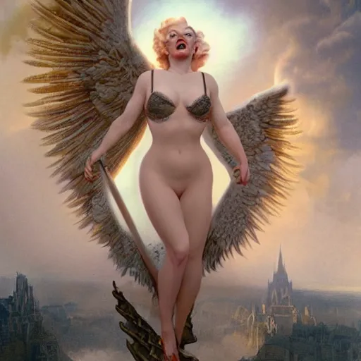 Image similar to an extremely detailed matte painting marilyn monroe as a terrifying valkyrie descending from valhalla on a pegasus, in the style of magic the gathering, 8 k, sharp focus, detailed face, art by greg rutkowski and alphonse mucha