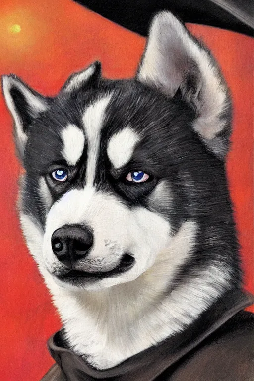 Image similar to a portrait painting of a husky in cowboy costume in the style of anime, a fistful of dollars, per un pugno di dollari, humanoid, personify, anthropomorphic, furry