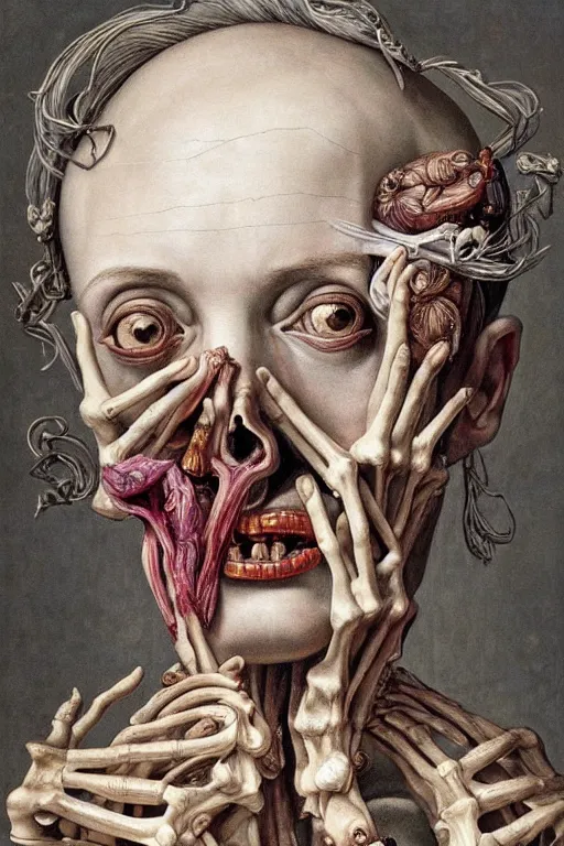 Prompt: Detailed maximalist portrait of a greek god with large lips and eyes, scared expression, botanical anatomy, skeletal with extra fleshy limbs, HD mixed media, 3D collage, highly detailed and intricate, surreal illustration in the style of Jenny Saville, dark art, baroque, centred in image