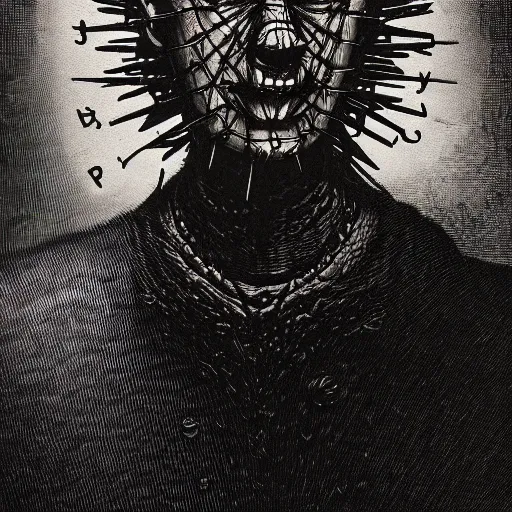 Prompt: hellraiser, creepy atmosphere, dark, portrait, realistic, very realistic, illustration by Gustave Doré