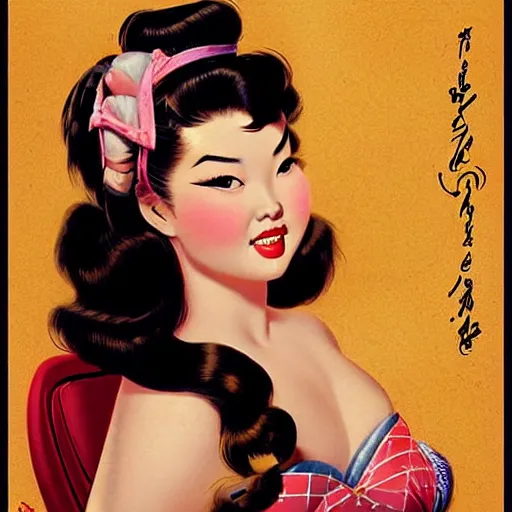 Image similar to pin - up portrait of a beautiful young curvaceous mulan, pretty long hair, symmetrical face, digital art, smooth, extremely detailed,, by wu bayard, by gil elvgren, by ralph horsley, by hanks steve