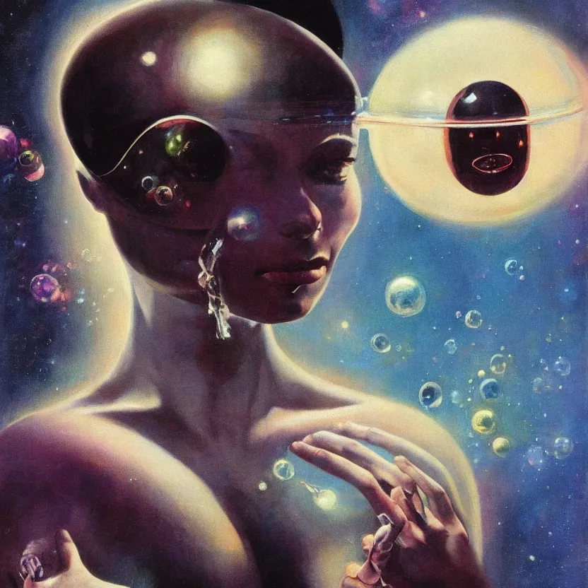 Image similar to close - up portrait painting of a beautiful weightless alien woman with big eyes in space, by frank frazetta and norman rockwell. glowing bubbles. muted colors, soft gradients. dark background. trending on artstation. retrofuturism.