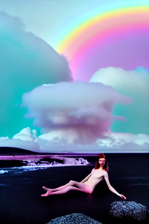 Image similar to high quality pastel coloured film close up wide angle photograph of a model wearing clothing swimming on cloud furniture in a icelandic black rock!! environment in a partially haze filled dreamstate world. three point light, rainbow. photographic production. art directed. pastel colours. volumetric clouds. pastel gradient overlay. waves glitch artefacts. extreme facial clarity. 8 k. filmic.