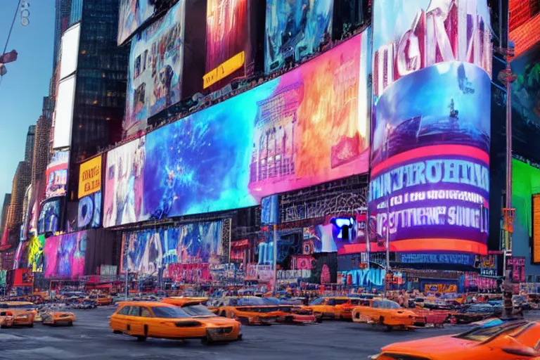 Image similar to a billboard on times square, screen show concert poster, band name is tripmachine, realistic digital art, on the screen is a 3 d render of a huge futuristic steampunk generator, 8 k, fluorescent colors, halluzinogenic, multicolored, exaggerated detailed, unreal engine, 8 0 mm