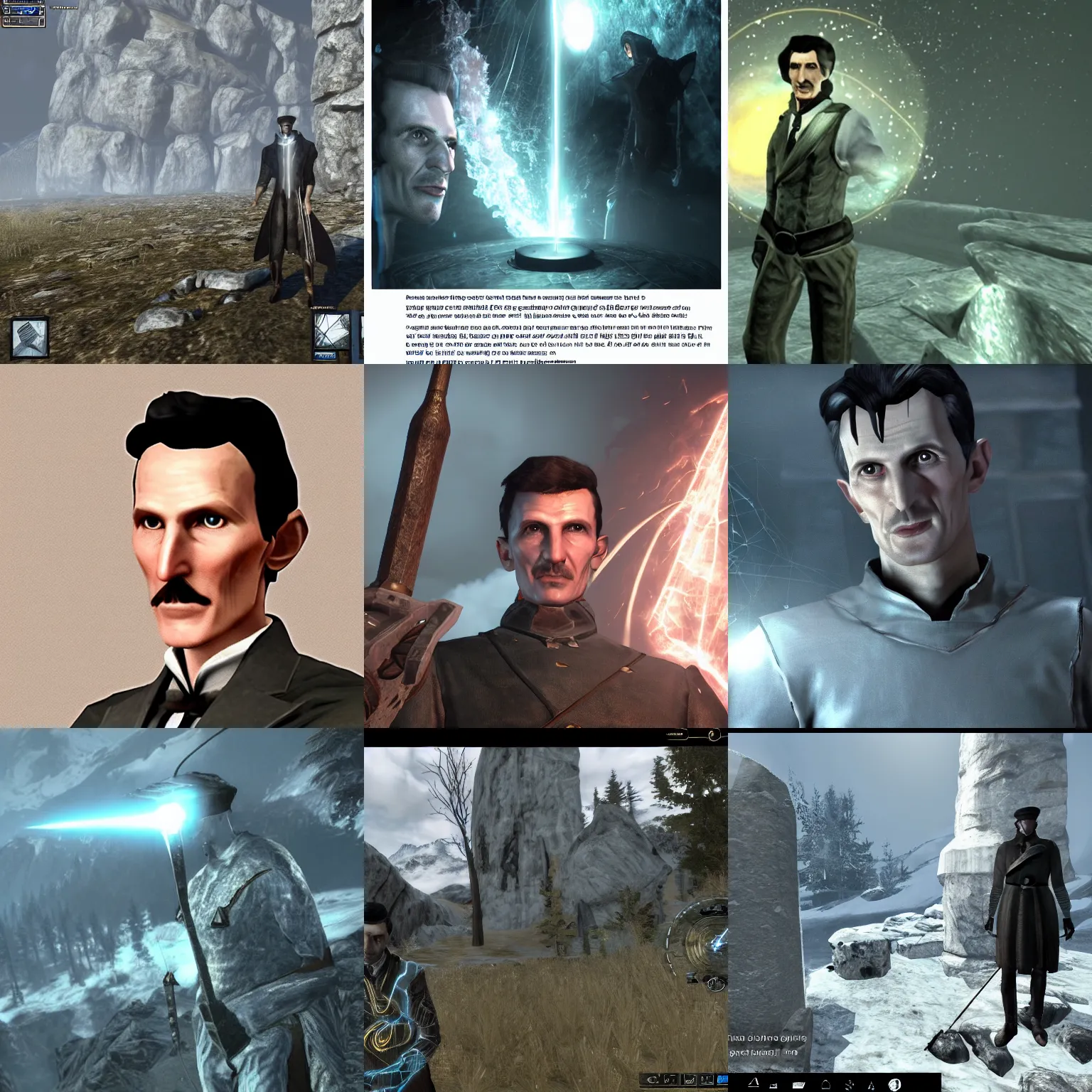 Prompt: Screenshot of Nikola Tesla in the game Skyrim, highly detailed