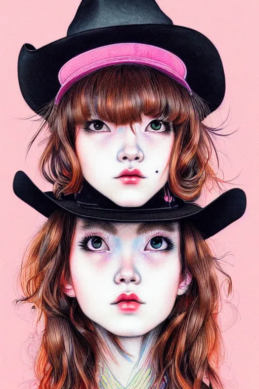 Image similar to girl wearing cowboy hat, style of yoshii chie and hikari shimoda and martine johanna, highly detailed