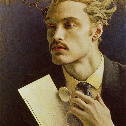 Image similar to realistic extremely detailed portrait painting of. an average. man with his. briefcase .in his. left hand . by Jean Delville, Amano, Yves Tanguy, Alphonse Mucha, Ernst Haeckel, Edward Robert Hughes, Roger Dean, pale muted pastel moody colors, gold eyes