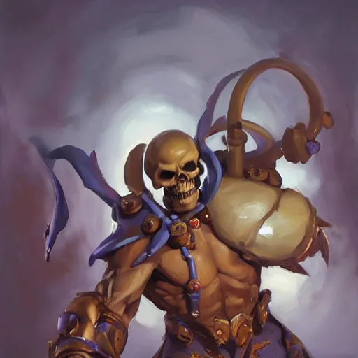 Prompt: greg manchess portrait painting of powerful skeletor the master of the universe as overwatch character, medium shot, asymmetrical, profile picture, organic painting, sunny day, matte painting, bold shapes, hard edges, street art, trending on artstation, by huang guangjian, gil elvgren, ruan jia, greg rutkowski, gaston bussiere
